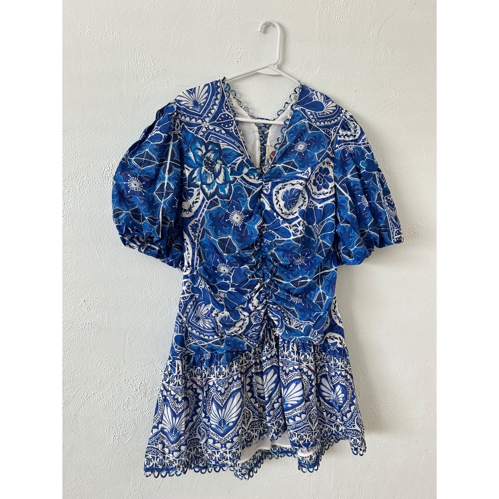 Farm Rio Blue Tiles Mini Dress XL Blue White Floral Ruched Puff Sleeve V-Neck - Picture 4 of 8